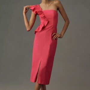 By Anthropologie One-Shoulder Ruffle Linen Column Midi Dress L Pink